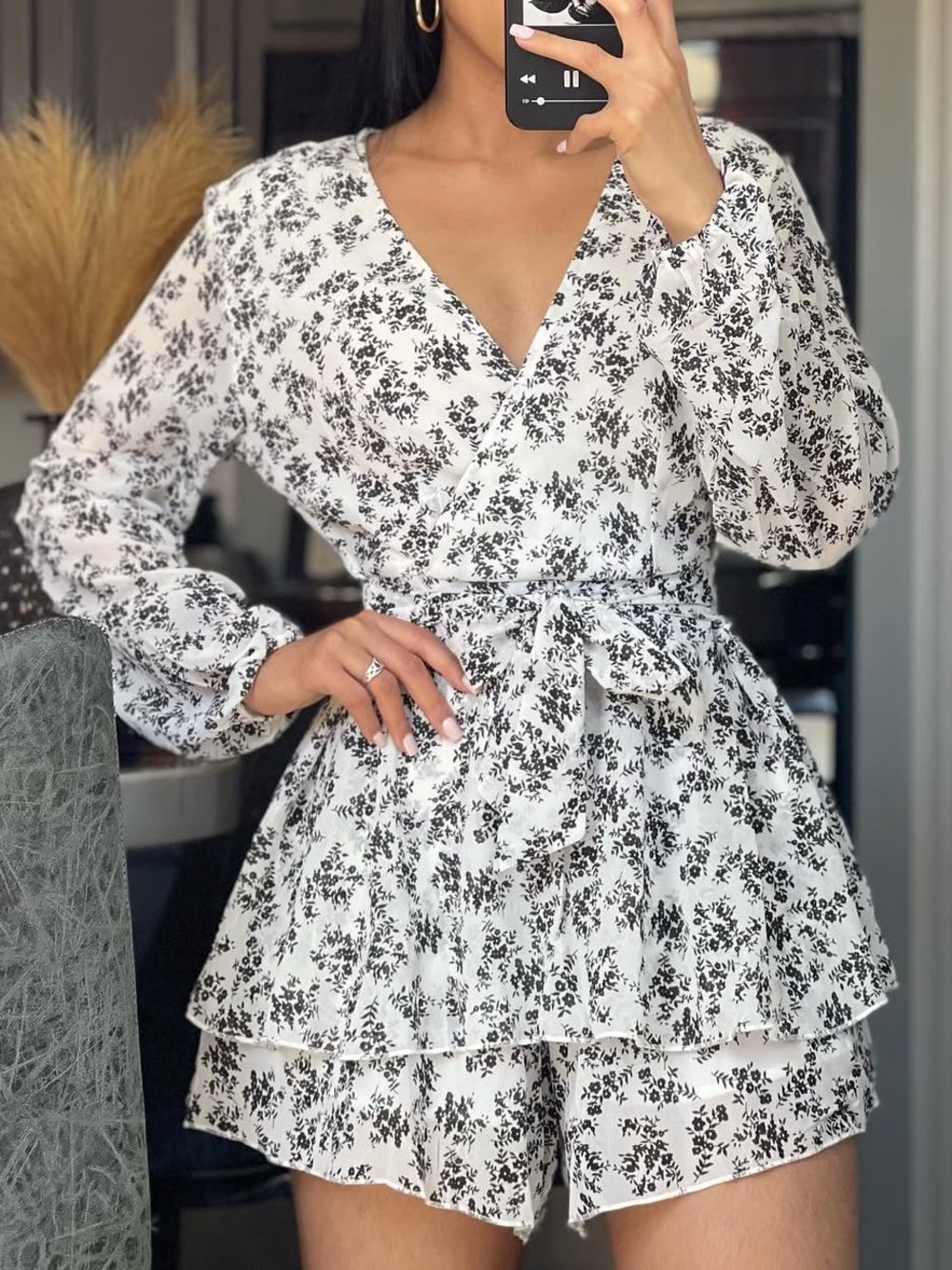 Floral Wrap Tiered Romper Dress — White/Black